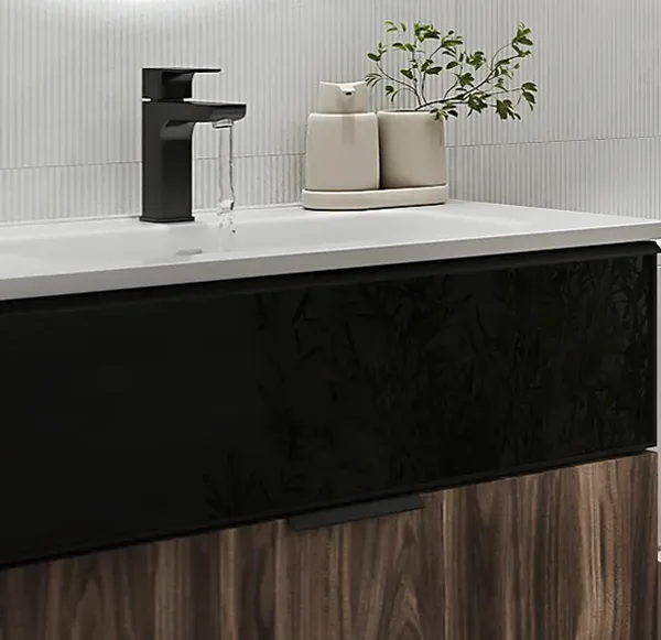 Mueble de lavabo: Mueble Mirko Madera Okobo Claro+Cristal Negro Mate — 